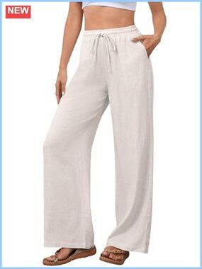 Cotton Linen Casual Palazzo Pants Drawstring Elastic Waist Flowy Wide Leg